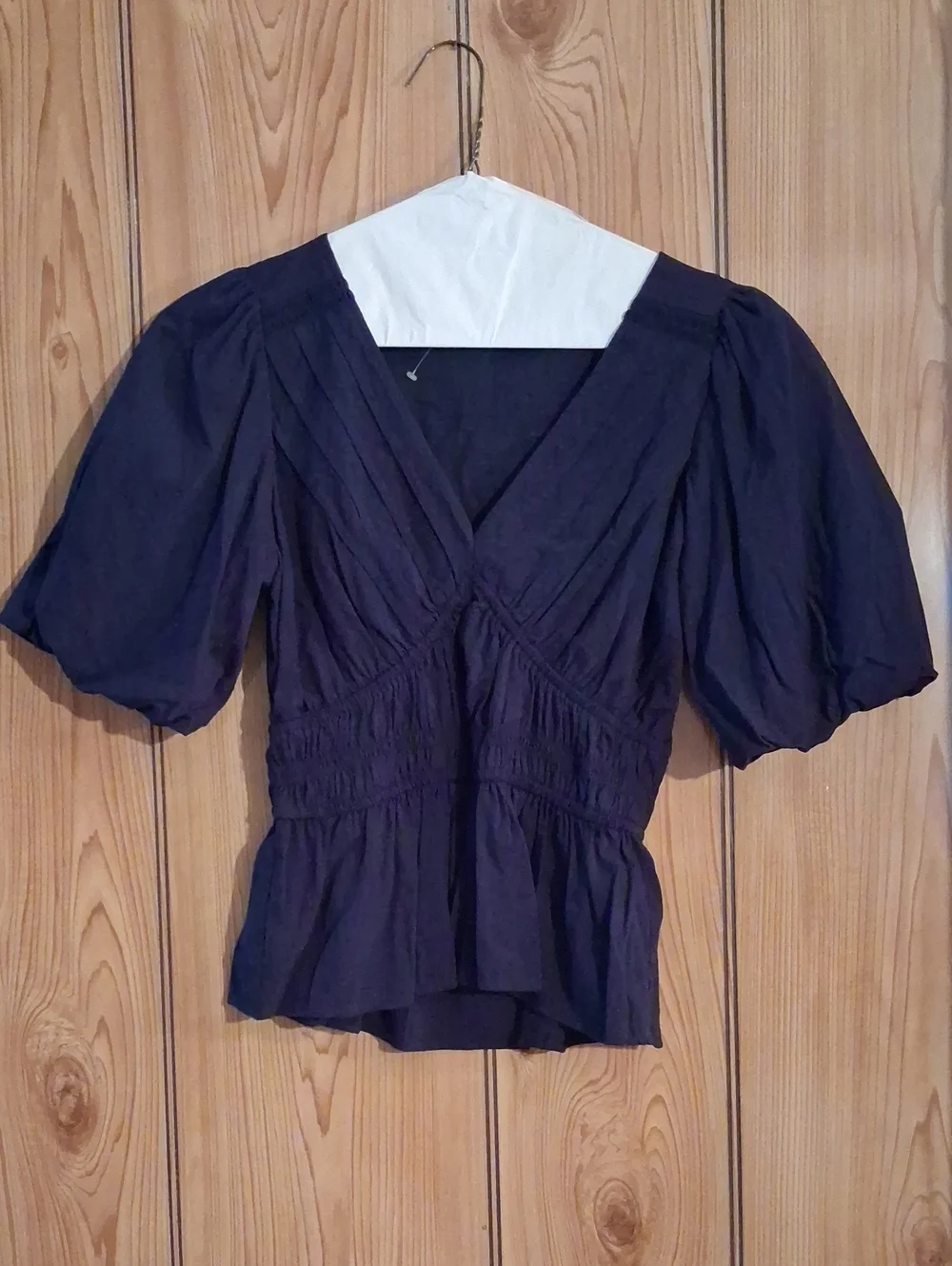 LOFT Navy Puff-Sleeve V-Neck Smocked Waist Blouse